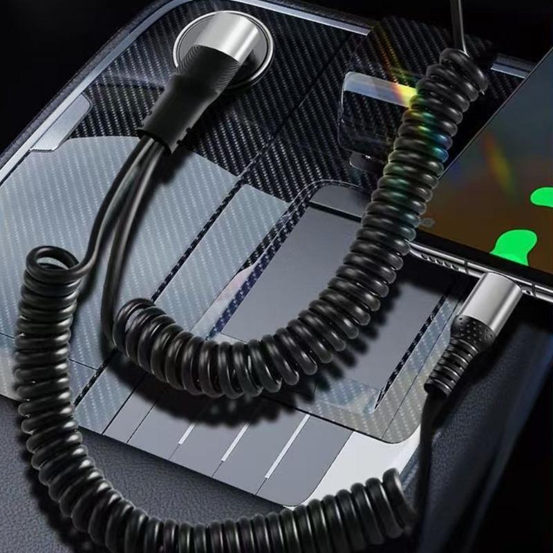2 in 1 USB A & Type C Car Charging Cable with Stretchable Spring Charging Data Cable for Multiple Devices