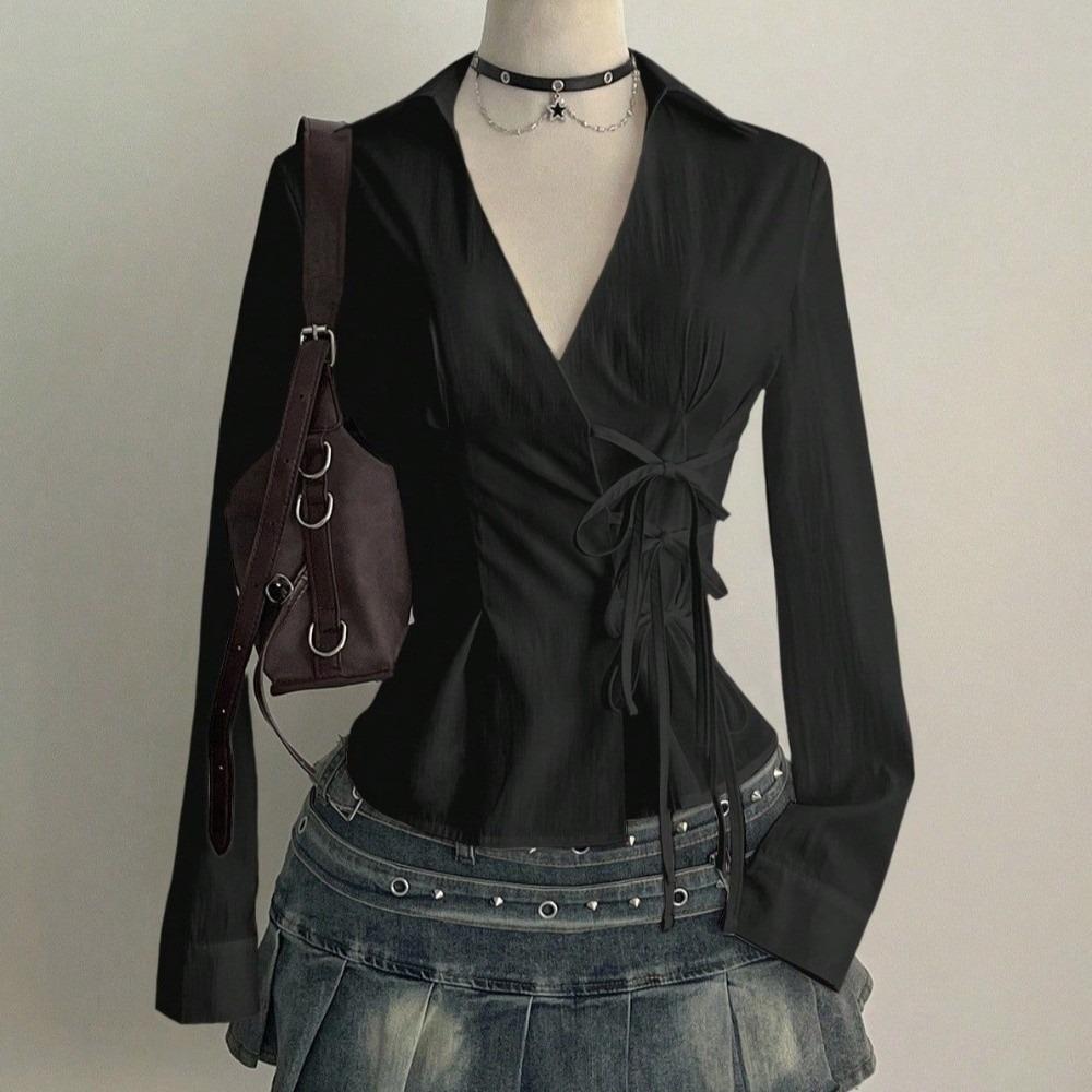 V-neck Women Tie-Waist Shirt Harajuku Waist Up Cardigan Top Chic Office Aesthetic Blouse  Party M чёрный