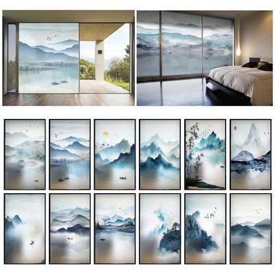 Chinese Style Landscape Pattern Window Films Static Cling Stained Window Sticker Frosted Chinese Ink Painting Privacy Glass Film