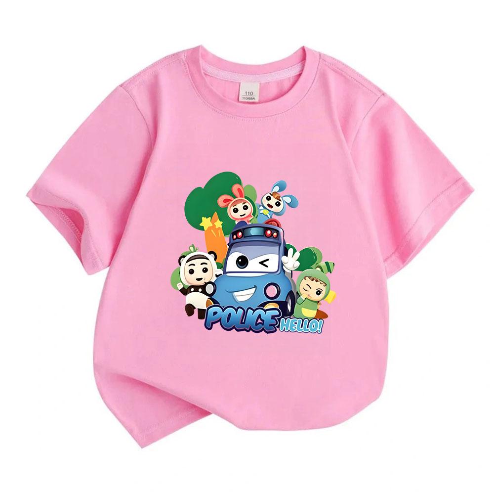 Kids Boys Girls Crew Neck Short Sleeve T Shirt, 100% Cotton Casual Tee with Cute Cartoon Police Car Lovely Characters Print for Children Daily Wear