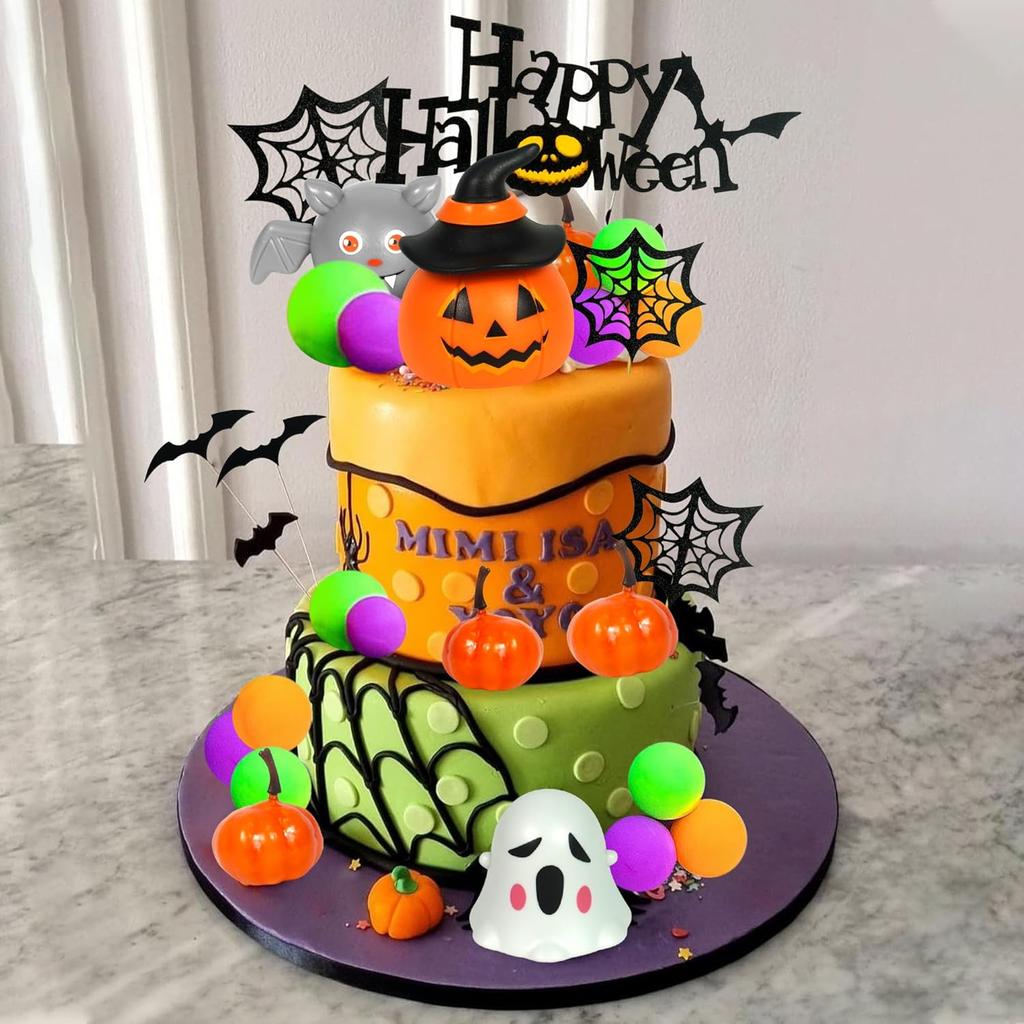 39pcs Halloween Cake Toppers 3D Pumpkin Bat Ghost Cake Balls Cake Decorations Happy Halloween Cake Topper For Party Supplies
