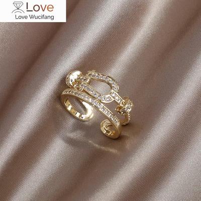 14K Real Gold Plating Exquisite AAA Zircon Geometry Double Ring Elegant Women's Wedding Party Opening Adjustable Ring