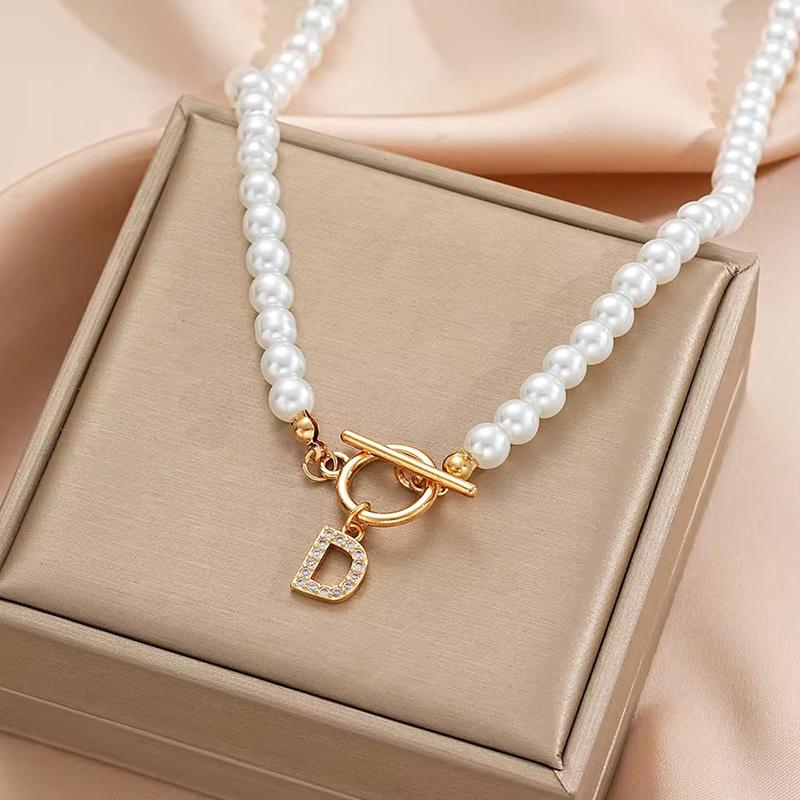 Rhinestone Letter Imitation Pearl Choker Necklace For Women Gold Plated Crystal Initial Pendant Necklace