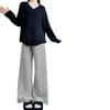Women's Black & White Striped High-Waisted Fleece-Lined Wide-Leg Pants, Autumn/Winter, Slimming, Floor-Length.