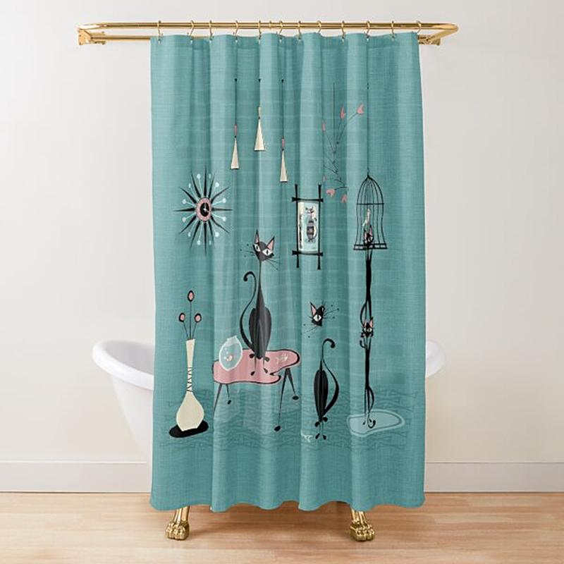 Mid Century Meow Shower Curtain Retro Atomic Cats Shower Curtain Kitty Animal Vintage Bathroom Decor Fabric Curtain With Hooks