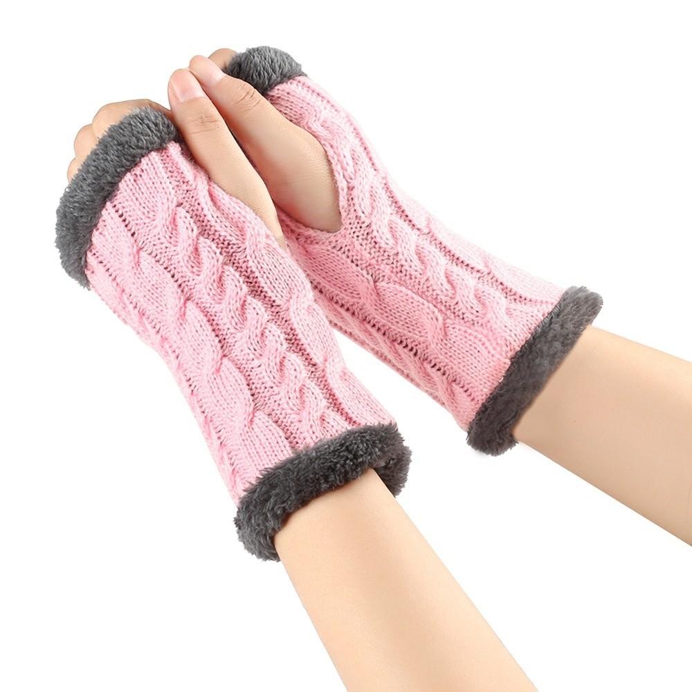 Fashion Fleece Lined Fingerless Gloves Soft Stretchy Warm Knit Mittens Knitted Crochet Winter Warm Gloves for Men Womens