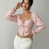 Ladies Spring Autumn Square Collar Sexy Bodycon Flower Printed Zipper Lace-Up Pullover Shirt Blouse Top