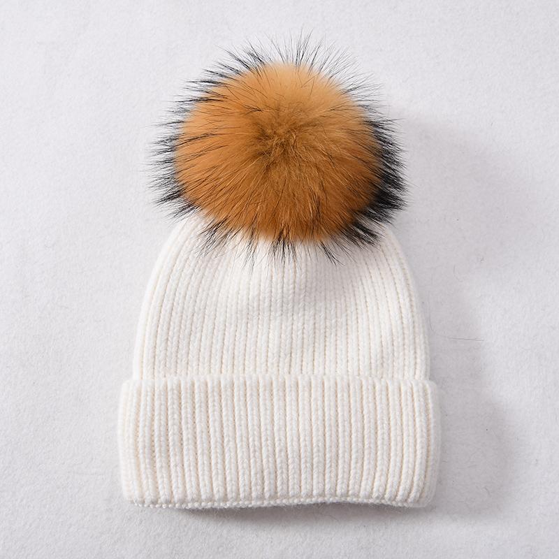 Jaxmonoy Kaschmir-Strickmütze, große Beanie-Mütze mit echtem Waschbärfell und Bommel, hochwertige, warme Mütze, Damenmütze