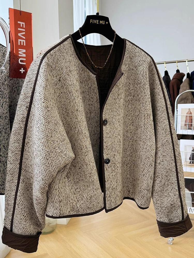 

Элегантное короткое пальто из твида в корейском стиле для женщин — идеально для осени и зимы 2XL