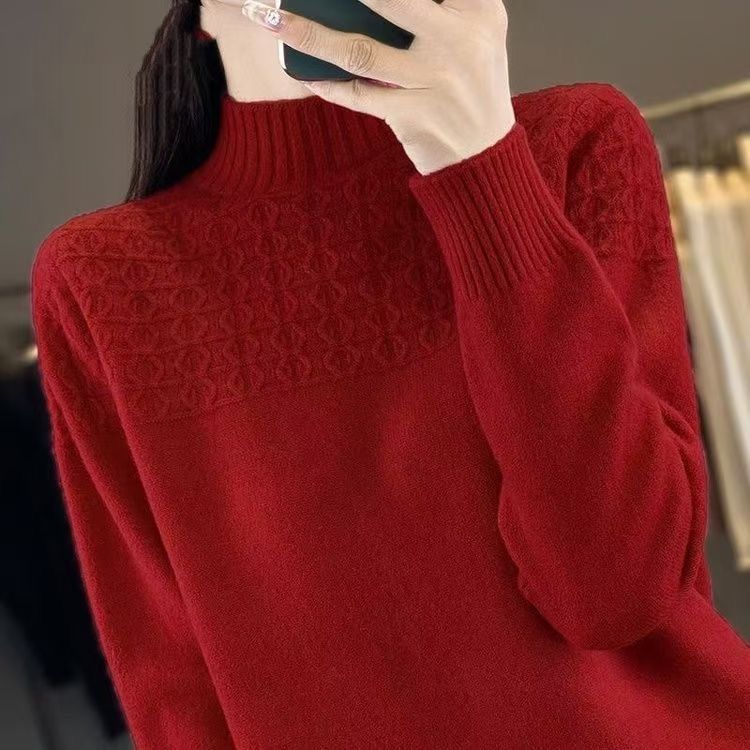 Women's Semi High Neck Sweater Loose Autumn and Winter Knitted Sweater Base Sweater