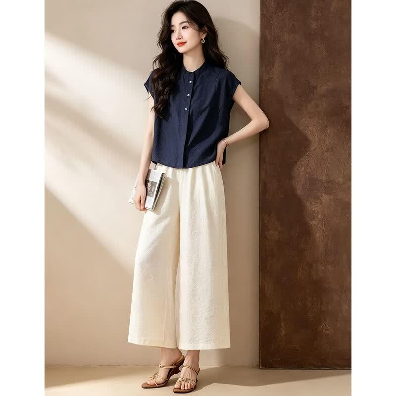 D.F.DEAR Women's Stand Collar Sleeveless Shirt & Wide-Leg Pants Set