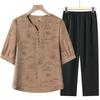 Ethnic Style Cotton Linen Two-Piece Set for Elderly Women - T-Shirt & Pants Summer Outfit