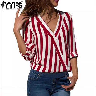 Women's Fashion Casual Spring Autumn Stripe Print Long Sleeve V-Neck Blouses & Shirts