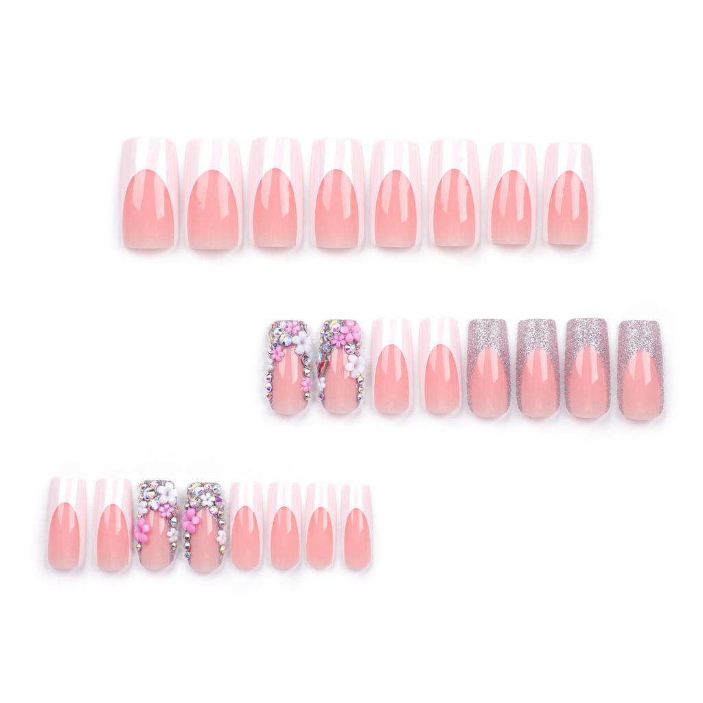 24 Pieces European and American Hot Girls Wear Nail Nail Pieces Medium and Long Flower White Edge Nail Piece Nail Piece Nail Piece Sticker Nail Piece