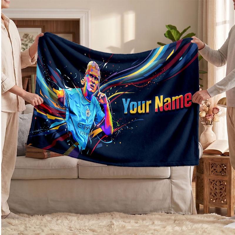 Erling Haaland Personalized Fleece Blanket With Football Logo, Custom Name Text Soft Warm Home Throw Blanket
