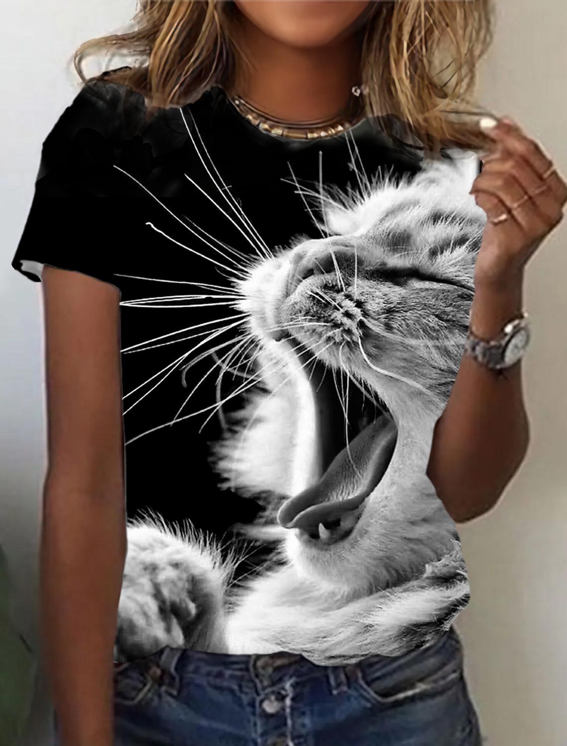 

2023 Летняя Женская Симпатичная Кошка 3D Принт О-образный Вырез Повседневная Футболка Женская Топ Девушка Короткий Рукав Популярная Дизайнерская Одежда