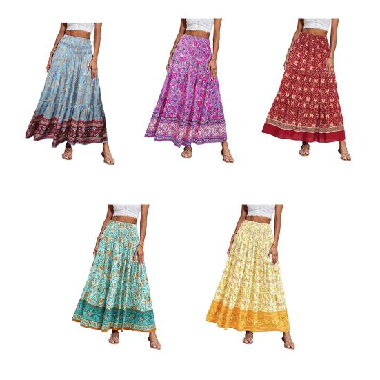 Beach Skirt Elastic High Waisted Skirt Ruffle Splicing A-Line Women Pleated Large Hem Floral Print Maxi