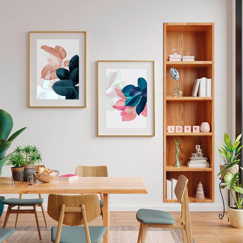 Tropical Plant Leaves Wall Art Canvas Painting Pink Flower Blue Abstract Nordic Posters and Prints Picture for Living Room Decor