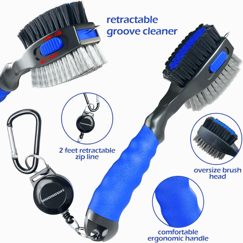 Golf Club Brushes and Groove Cleaner 2 ft Retractable Zipline Carabiner Golf Brush Head with Retractable Spike Comfortable Grip Golf Club Cleaner