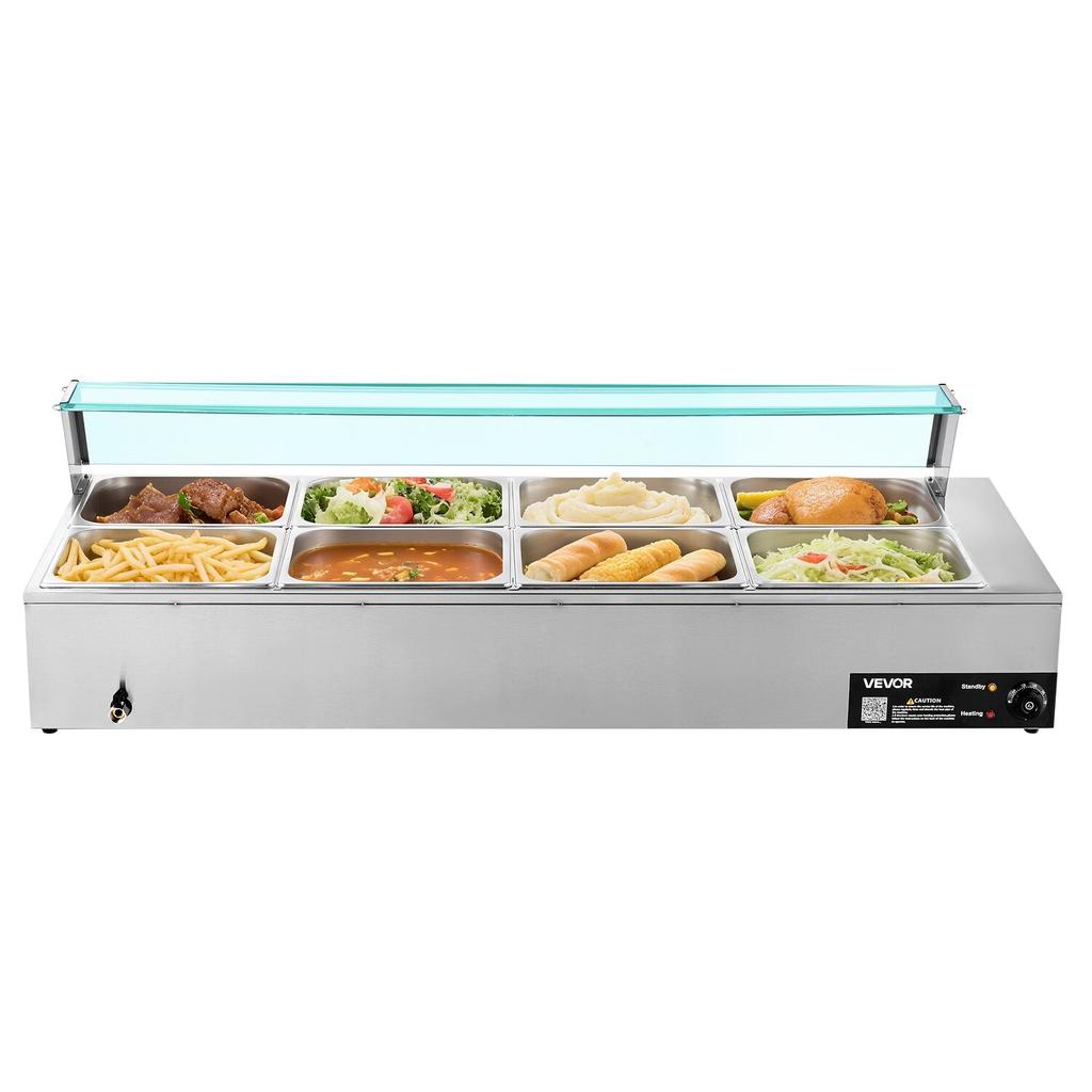 Commercial Food Warmer, 1700W Electric Stainless Steel Steam Food Warmer with Glass Cover, 8-Pan Countertop Buffet Bain Marie with Soup & Perforated