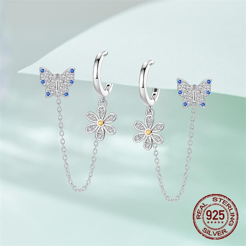 925 Silver Sterling Silver Bee Butterfly Flower Drop Hoop Earrings for Women Girl Ear Studs Fine Jewelry Fashion Anniversary