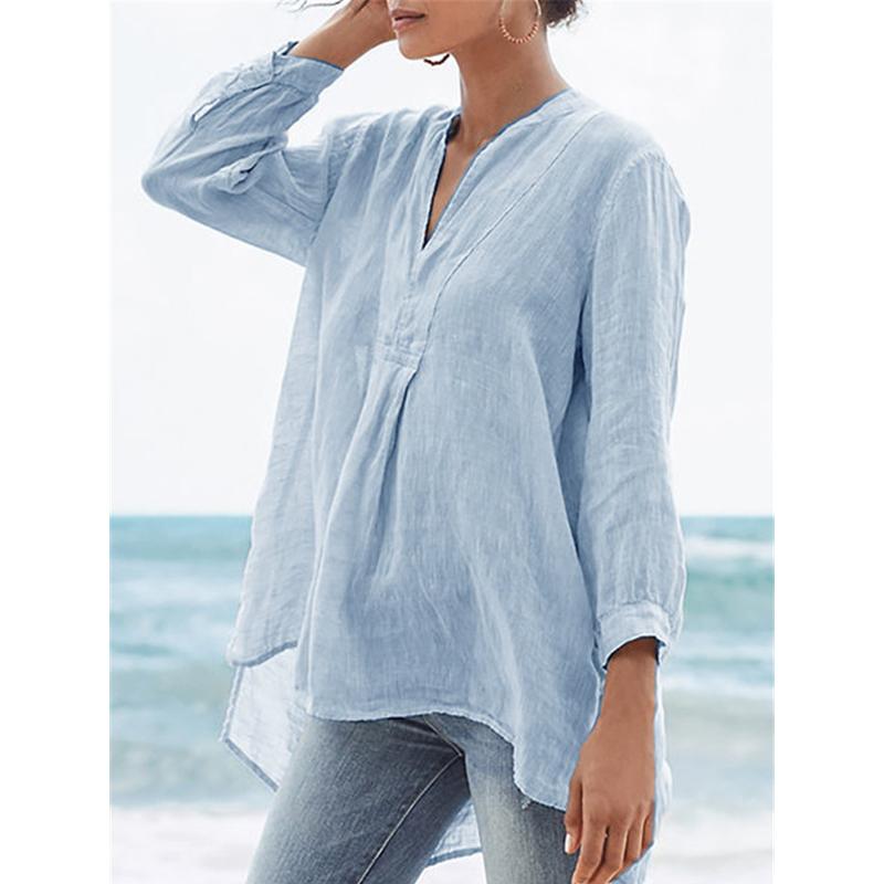 

Пляжные женские повседневные топы, модные три четверти с рукавами-фонариками и V-образным вырезом, женская однотонная блузка 5XL синий