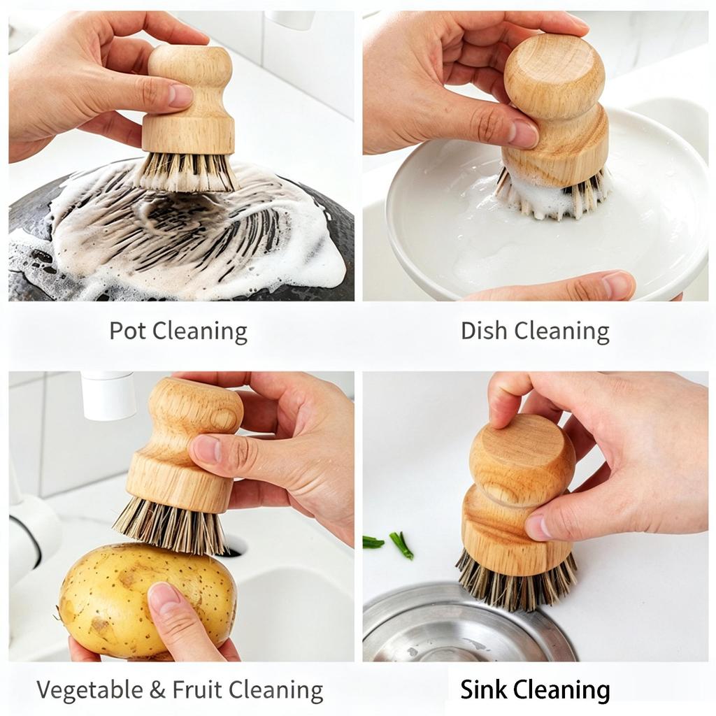 Natural Solid Wood Kitchen Cleaning Brush Dual Bristle Fruit Vegetable Scrub Brush Dish Pot Sink Scrubber with Hanging Rope for Potato Carrot Cookware