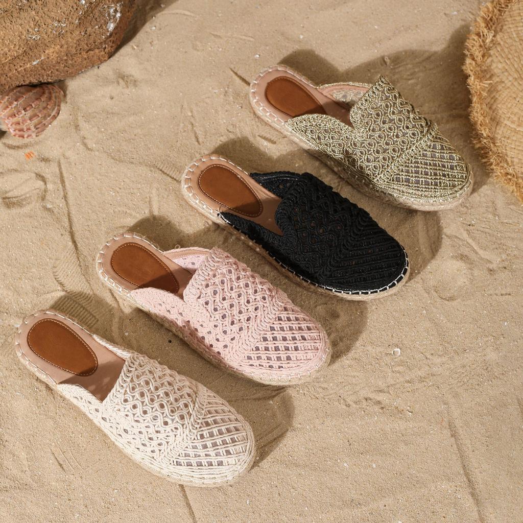  Slipper mesh espadrilles outdoor bohemian beach sandals ankle strap high heel pumps comfort csaual lady mule shoes