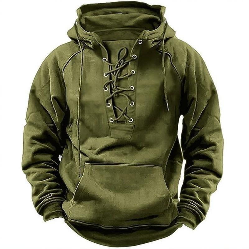 Herren Outdoor Retro Schnür-Kapuzen Langarm T-Shirt - Einfarbig, Übergröße, Herbst Freizeit-Oberteil