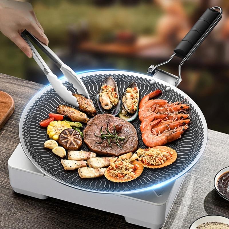 Round BBQ Griddle Pans with Handle NonStick Barbecues Plate Stainsless Steels Bakings Pans Outdoor Travel Campings Fryings Pans