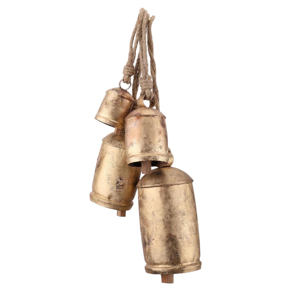 4 Large Rustic Iron Cowbells 4",6",8",10", Handmade Distressed Gold Finish for Farmhouse Christmas Door Decor and Boho Wind Chimes