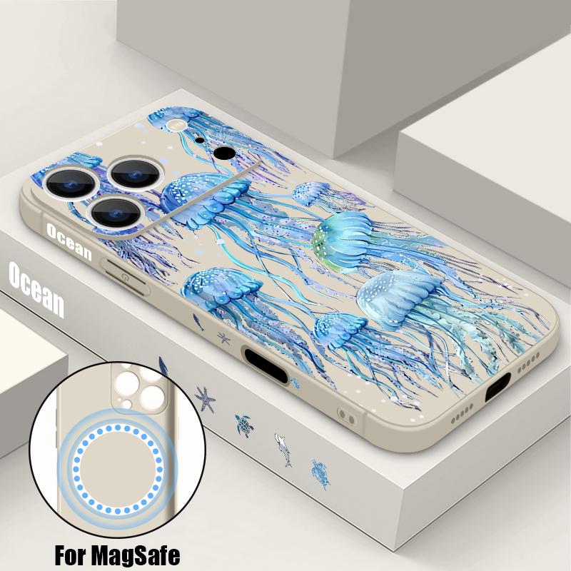 Magnetic For Magsafe Case For iPhone 17 Pro Max Blues Jellyfish Print Soft Silicone Phone Back Cover For iPhone 16 15 14 13 Pro Max 16e 17e