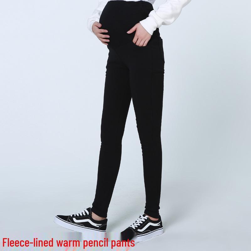 Plus Size Fleece-Lined Maternity Pants with Belly Support for Autumn and Winter