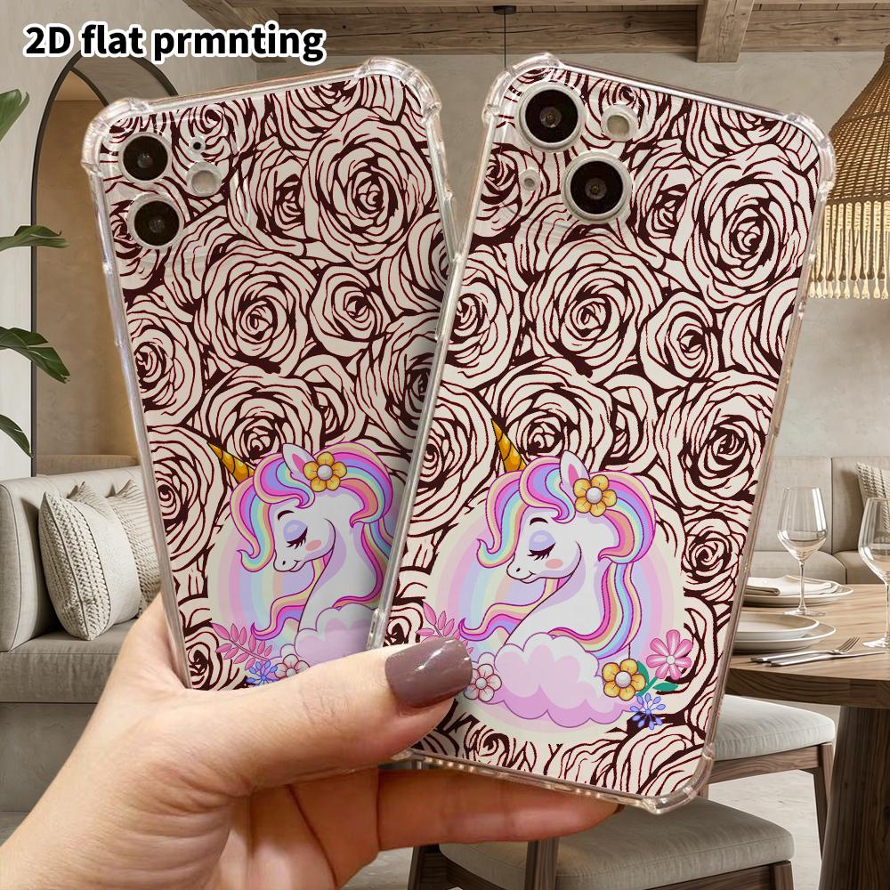 Phone Case: 2D Flat Design, Fits iPhone 18 17 16 15 14 13 Pro, Transparent Corners Protection Case, Rainbow Unicorn, Christmas and Halloween Gift