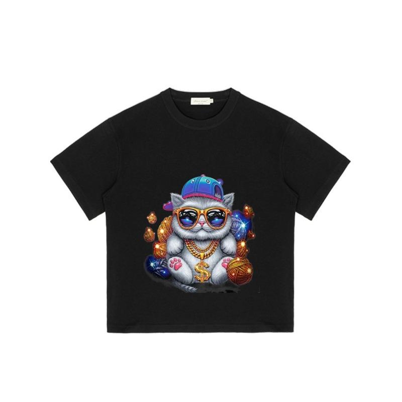 Crewneck T-Shirt Black Cat with Sunglasses and Gold Chain Print for Casual Wear