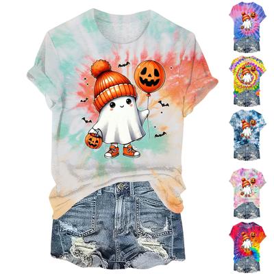Camiseta feminina casual de manga curta com estampa de Halloween e gola redonda