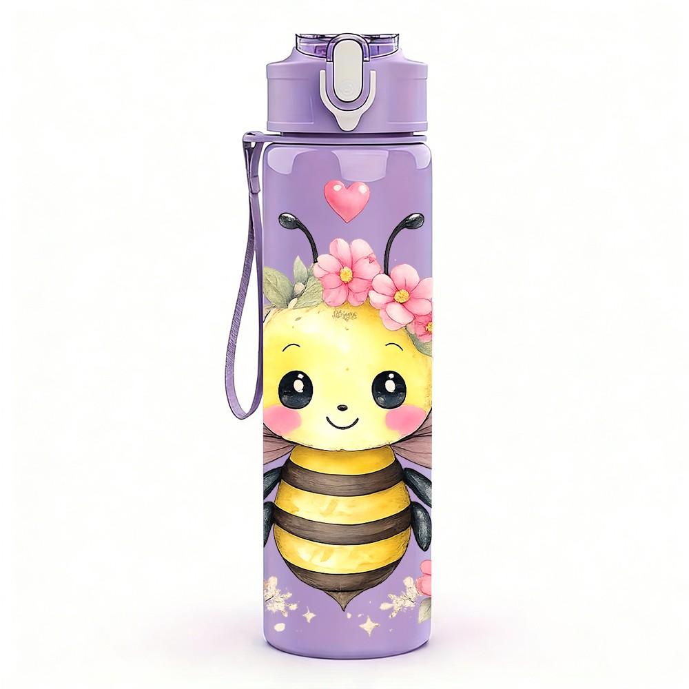 1PC Cute Bee Heart Cartoon Print 750ml Color Plastic Sports Water Bottle Leakproof Flip Straw Lid Suitable for Sports Office Home Use