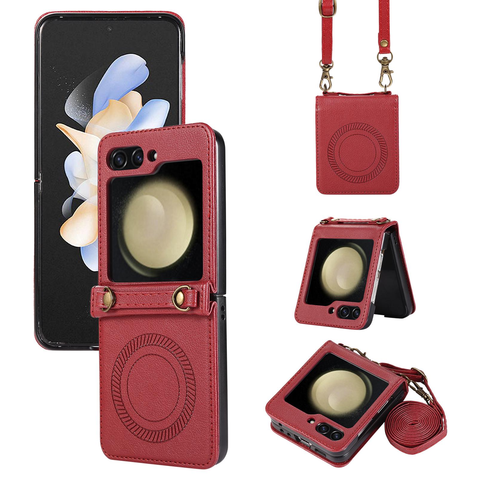 

For Samsung Galaxy Z Flip5 5G Case Magnetic Phone Shell TPU+PU Leather Phone Cover with Strap Red