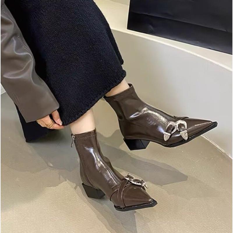 Fashion Chunky Heel Women Solid Boots Pointed Toe Side Zipper Autumn  Boots Belt Buckle Mid Calf Fashion Casual 2025 Newest Boots