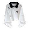 Girls' Autumn Sweatshirt with Bow Collar and Embroidery - Fashionable Academy Style Color Block Top