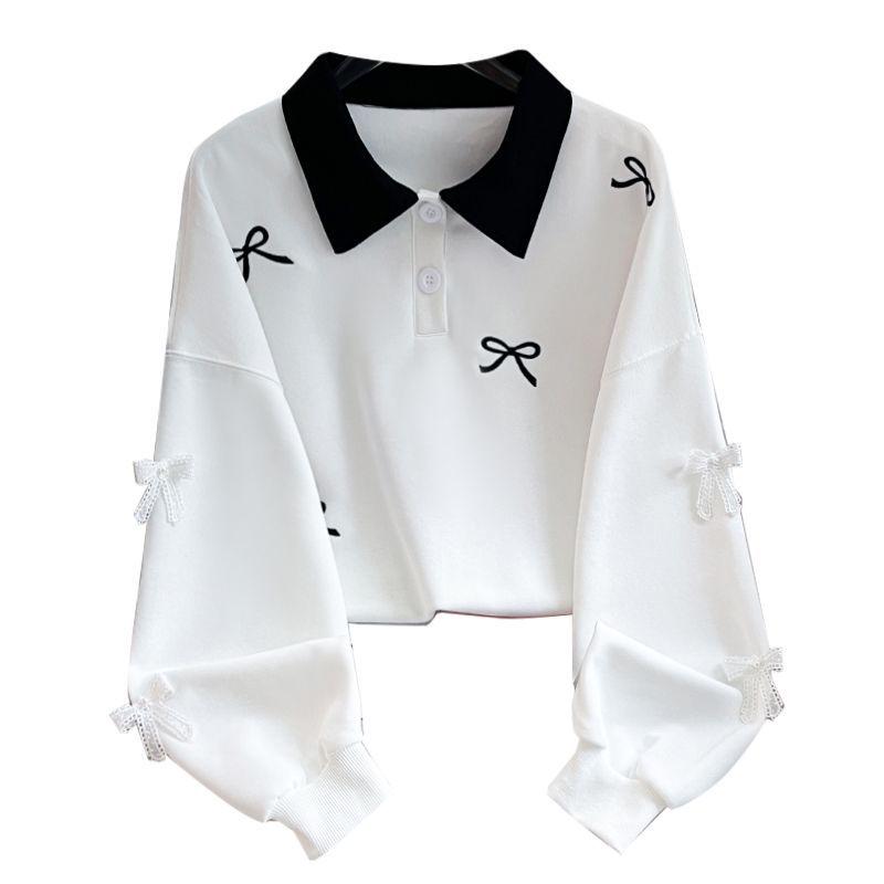 Girls' Autumn Sweatshirt with Bow Collar and Embroidery - Fashionable Academy Style Color Block Top