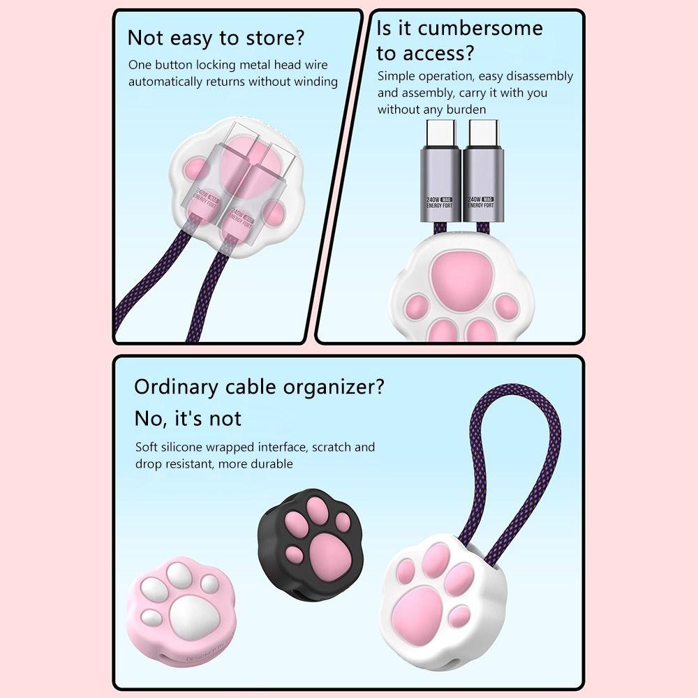 Cat Paws Data Cable Winder TYPE-C To TYPE-C Cable Fast Charging Cable Storage Pendant 240W Max 480Mbps Magnetic Attraction