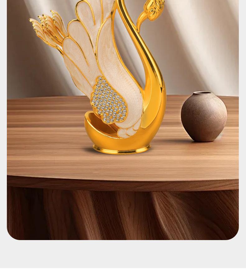 European Luxury Gold & Silver Rhinestone Swan Spoon and Fork Set with Swan Stand