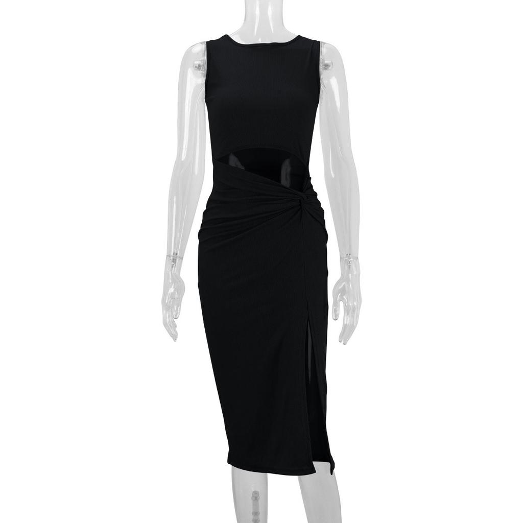 Women's Summer Midi Bodycon Dresses Casual Round Neck Side Slit Sleeveless Knit Cut Out Tank Top Dress