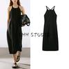 MD Spring and Summer Women's Clothing Seaside Vacation Style Nature Waist-Tight Mid-Length Sling Dress Black Dress 6654591