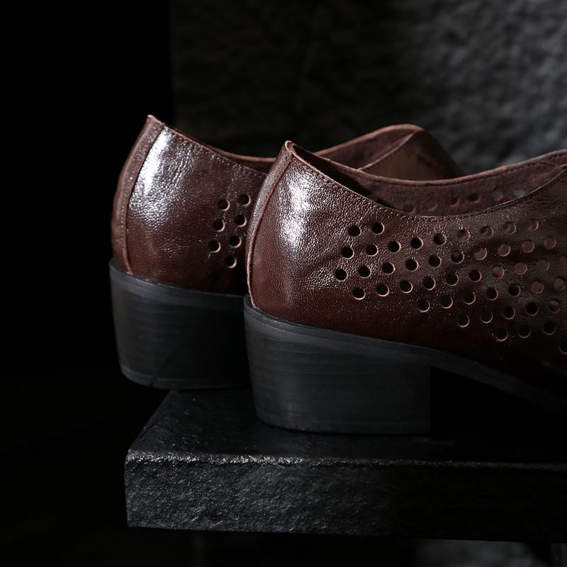 Fashion Women's New Spring and Autumn Vintage Genuine Leather Cowhide Pointed Hollow Hole Comfortable Middle Heel Muller Single Shoes