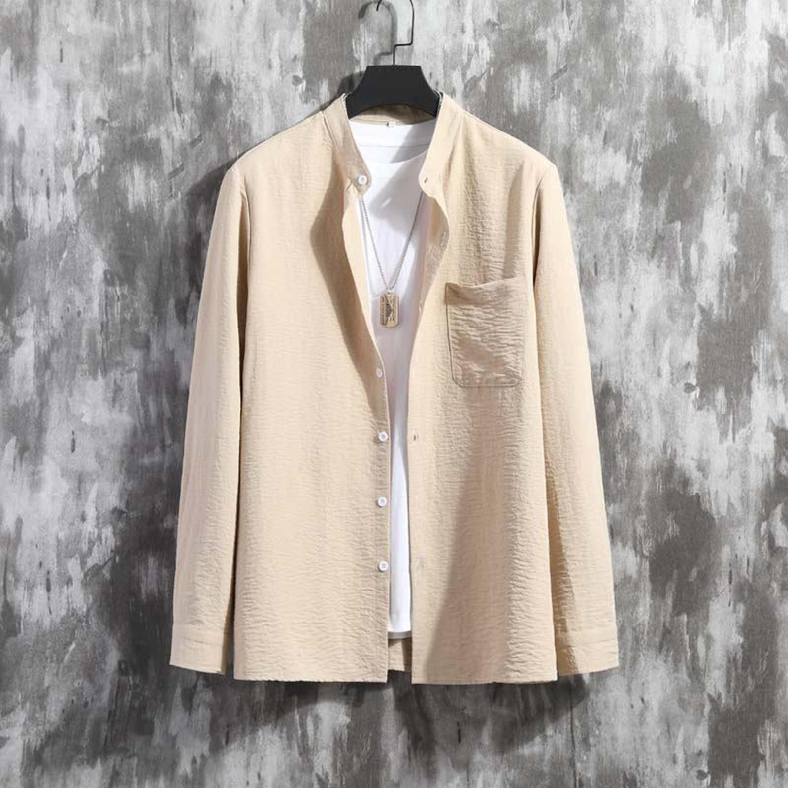 

Мужская осенняя рубашка свободного покроя с плиссировкой на пуговицах, однотонная, с воротником-стойкой и длинным рукавом L бежевый