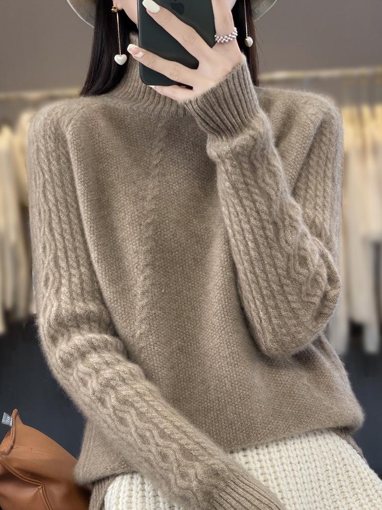 Women's 100% Pure Wool Half-High Collar Knit Sweater for Autumn and Winter