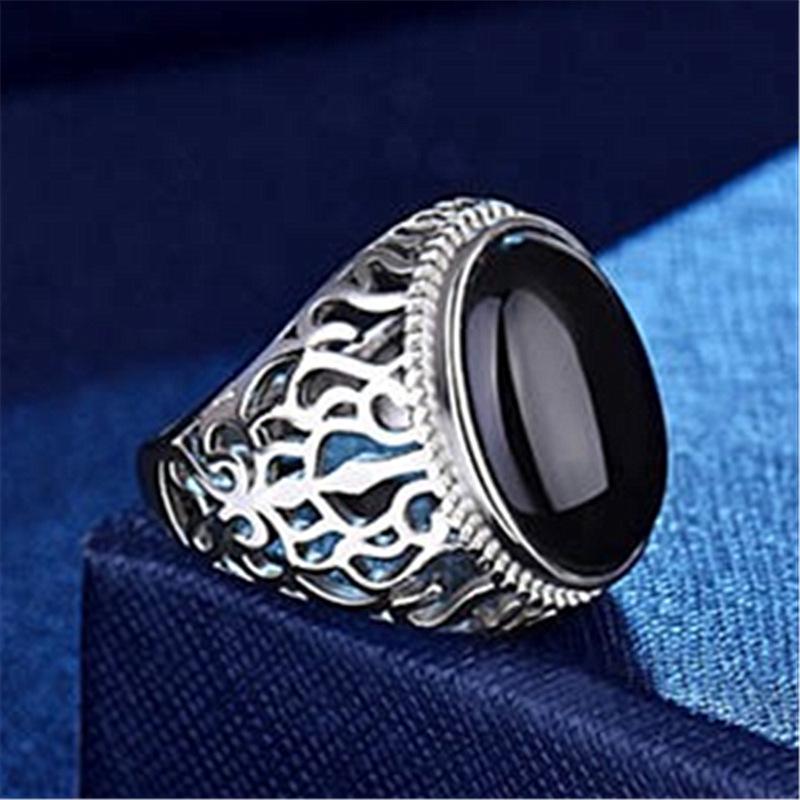 Men's Black Agate Chalcedony Diamond Ring - Hollow Pattern, Simple & Fashionable Open Design