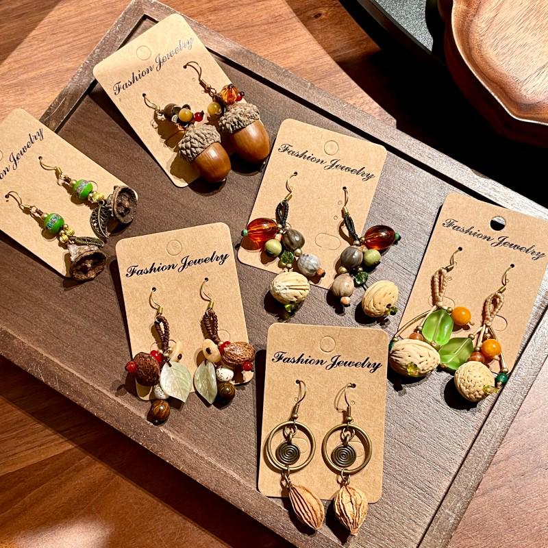 Handmade Retro Pine Cone & Dried Fruit Earrings - Forest Style Artistic Jewelry for Women